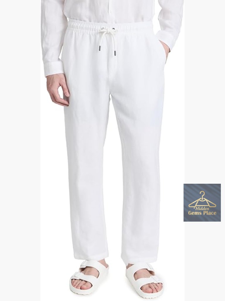 Linen Casual Pull-On Pants Relaxed Fit Straight Leg Mid Rise Elastic Waist